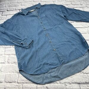 Loft Blue Chambray Button Up Shirt Women's Large Long Sleeve High Low Hem Pocket